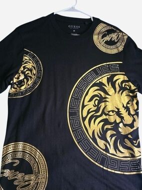 GUESS Black Tee with Metallic Gold Lion Medallions